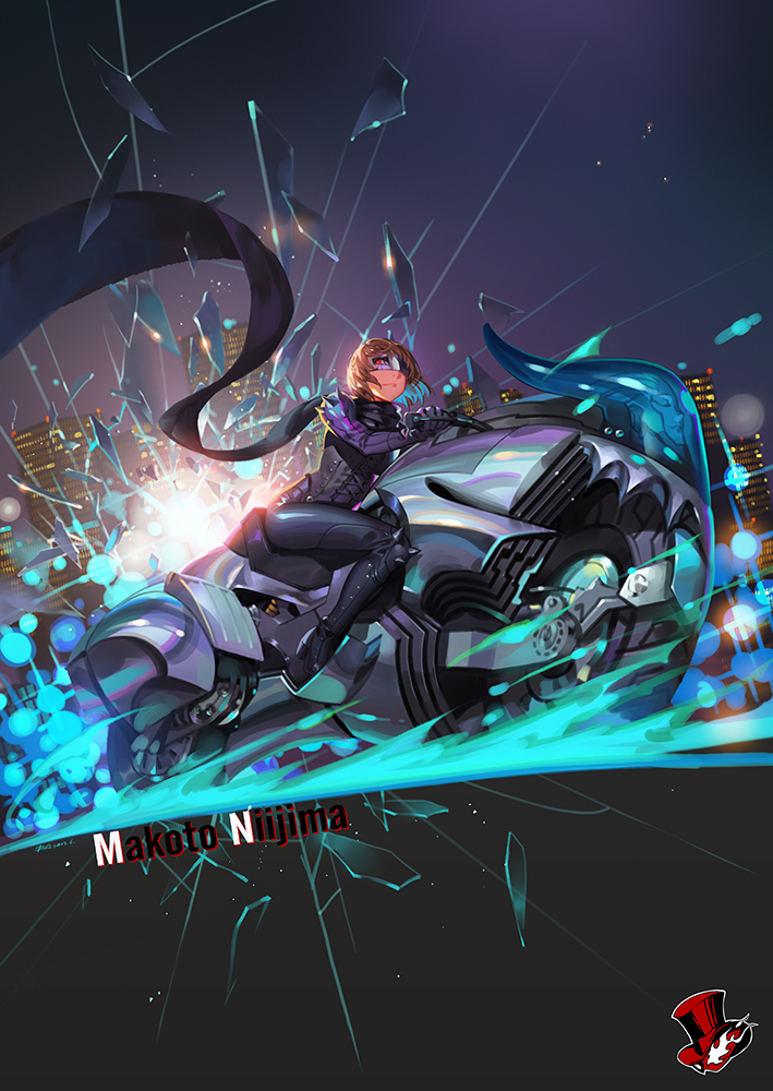 1girl alphonse_(white_datura) black_scarf bodysuit brown_hair character_name ground_vehicle looking_at_viewer mask motor_vehicle motorcycle niijima_makoto persona persona_5 red_eyes scarf short_hair solo