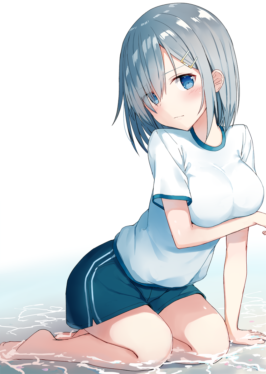 10s 1girl alternate_costume arm_support bare_legs barefoot black_shorts blue_eyes breast_hold breasts closed_mouth embarrassed gym_shorts gym_uniform hair_ornament hair_over_one_eye hairclip hamakaze_(kantai_collection) head_tilt highres kantai_collection kneeling medium_breasts shikuro_(iorimiyakiyo) shiny shiny_hair shirt short_hair shorts silver_hair simple_background solo sweat tareme water white_background white_shirt