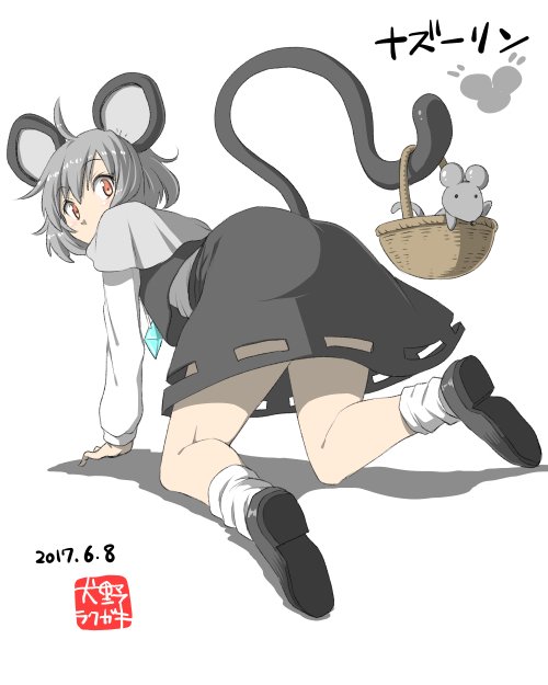 1girl ahoge all_fours animal_ears ass basket black_shoes capelet character_name cutout dated eyebrows_visible_through_hair from_behind grey_hair grey_skirt grey_vest inuno_rakugaki jewelry long_sleeves looking_at_viewer looking_back mouse mouse_ears mouse_tail nazrin orange_eyes pendant shirt shoe_soles shoes short_hair skirt solo surprised tail tail_hold touhou vest white_background white_legwear white_shirt