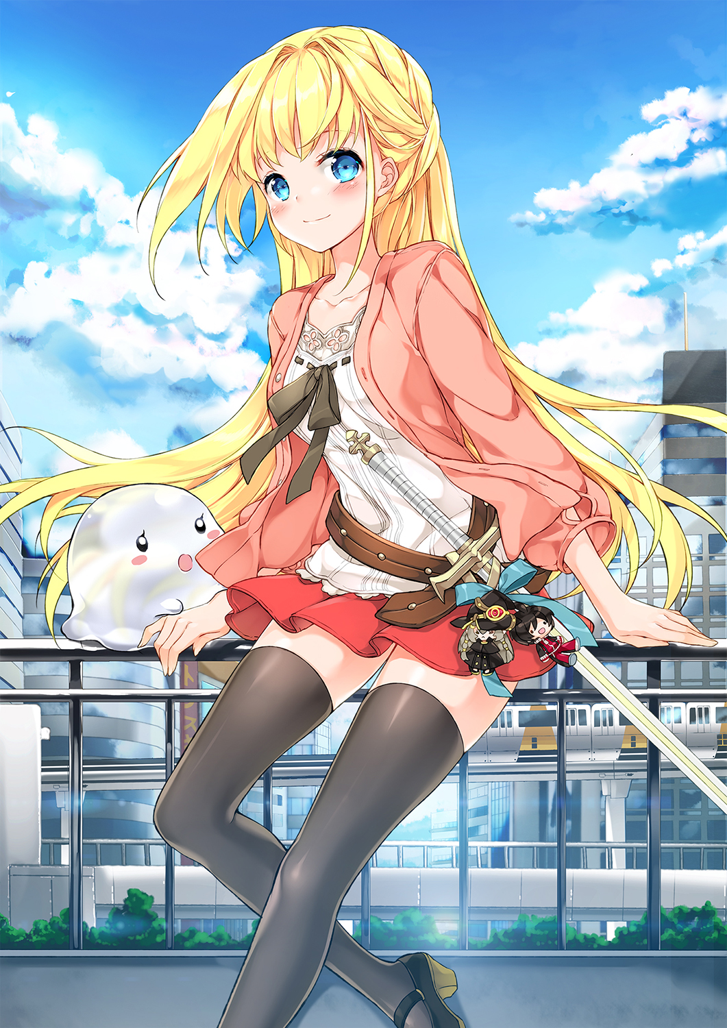 1girl bangs black_legwear black_shoes blonde_hair blue_eyes blue_sky blush blush_stickers boku_no_heya_ga_dungeon_no_kyuukeisho_ni_natte_shimatta_kudan cardigan character_doll closed_mouth clouds cloudy_sky day ghost highres juna long_hair looking_at_viewer mary_janes miniskirt open_cardigan open_clothes outdoors railing red_skirt shoes skirt sky smile solo standing sword tareme thigh-highs very_long_hair weapon