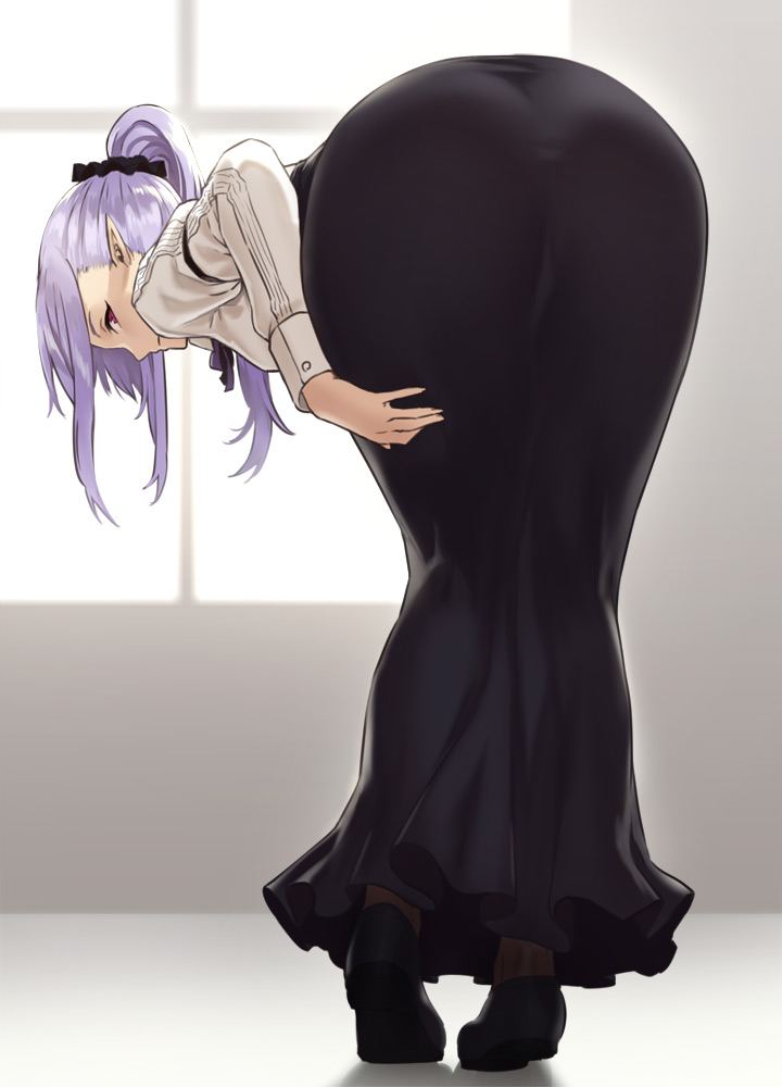 1girl arm_garter ass bent_over black_shoes black_skirt brown_legwear closed_mouth commentary_request elf from_behind full_body hair_ornament hair_scrunchie high-waist_skirt houtengeki juliet_sleeves long_hair long_skirt long_sleeves looking_at_viewer looking_back meme_attire original pantyhose pigeon-toed pointy_ears ponytail puffy_sleeves purple_hair scrunchie shoes skirt solo standing violet_eyes virgin_killer_outfit