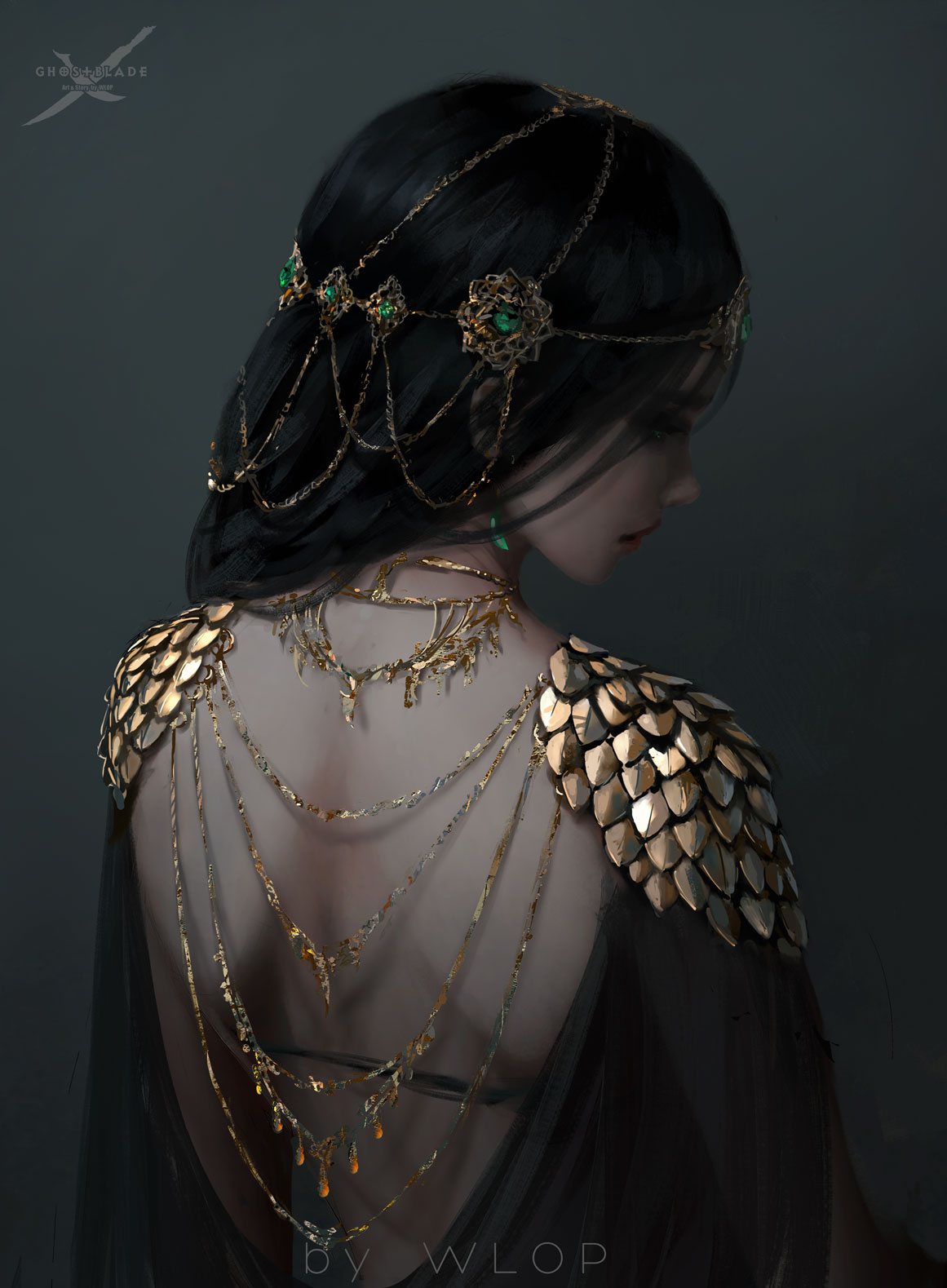 1girl artist_name bare_back black_hair chains earrings from_behind ghostblade gold_chain highres jewelry long_hair necklace profile shoulder_pads solo tiara wlop