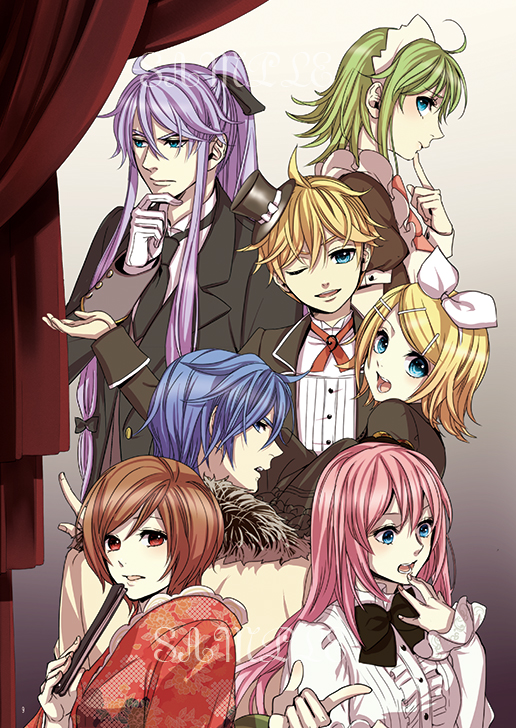 3boys 4girls ;d ahoge black_bow black_bowtie black_eyes black_hat black_jacket blonde_hair blue_eyes blue_hair bow bowtie brown_hair dress_shirt fan finger_to_mouth formal gloves green_hair gumi hair_between_eyes hair_bow hair_ornament hat head_tilt high_ponytail holding holding_fan index_finger_raised jacket japanese_clothes kagamine_len kagamine_rin kaito kamui_gakupo kimono long_hair looking_at_viewer looking_back maid megurine_luka meiko mini_hat multiple_boys multiple_girls neck_ribbon necktie one_eye_closed open_mouth pink_hair purple_hair red_eyes red_kimono red_necktie red_ribbon ribbon shirt sidelocks smile suzunosuke_(sagula) vocaloid white_bow white_gloves white_shirt