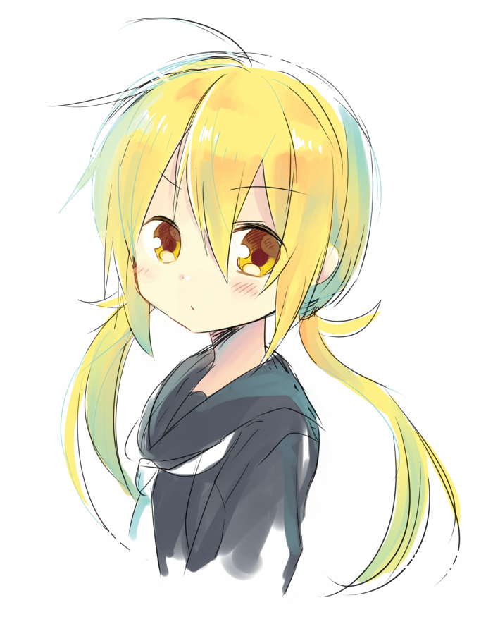 &gt;:/ 10s 1girl :/ blonde_hair blush commentary_request kantai_collection long_hair looking_at_viewer low_twintails nagasioo satsuki_(kantai_collection) simple_background sketch solo twintails twitter_username upper_body white_background yellow_eyes