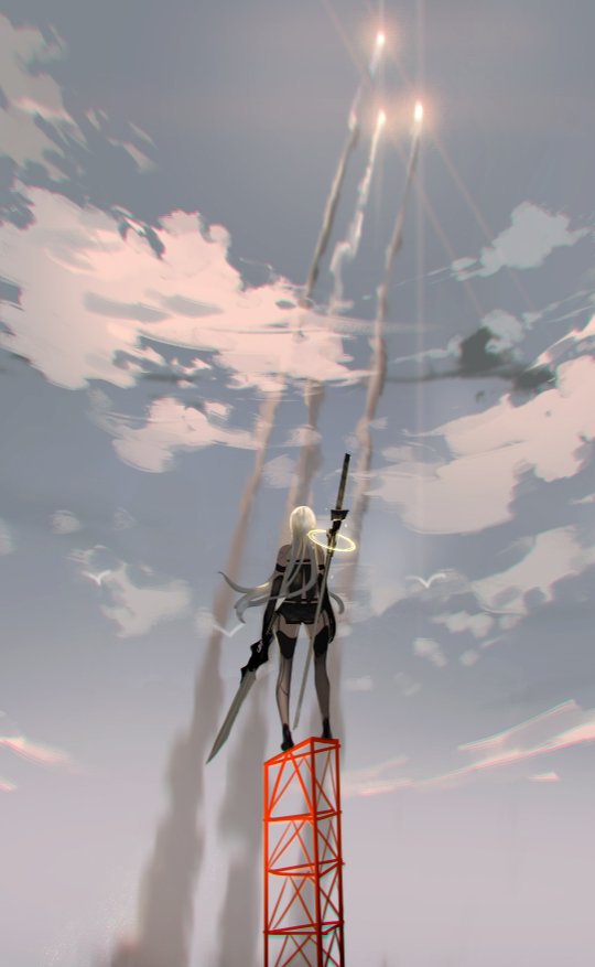 1girl amei_zhao back clouds elbow_gloves gloves holding holding_sword holding_weapon lens_flare long_hair miniskirt nier_(series) nier_automata skirt sky smoke_trail solo standing sword thigh-highs weapon white_hair yorha_type_a_no._2