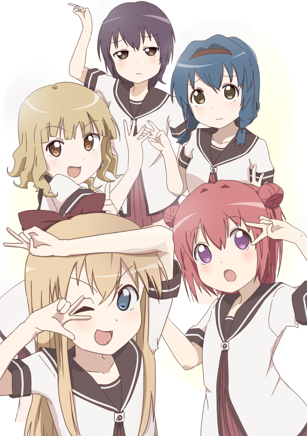 5girls :o ;d ahoge akaza_akari blonde_hair blue_hair bow brown_eyes double_bun funami_yui furutani_himawari hair_bobbles hair_bow hair_bun hair_ornament hairband hairclip kebakebasan long_hair multiple_girls nanamori_school_uniform one_eye_closed oomuro_sakurako open_mouth pink_hair redhead school_uniform serafuku short_hair smile toshinou_kyouko v_over_eye yuru_yuri