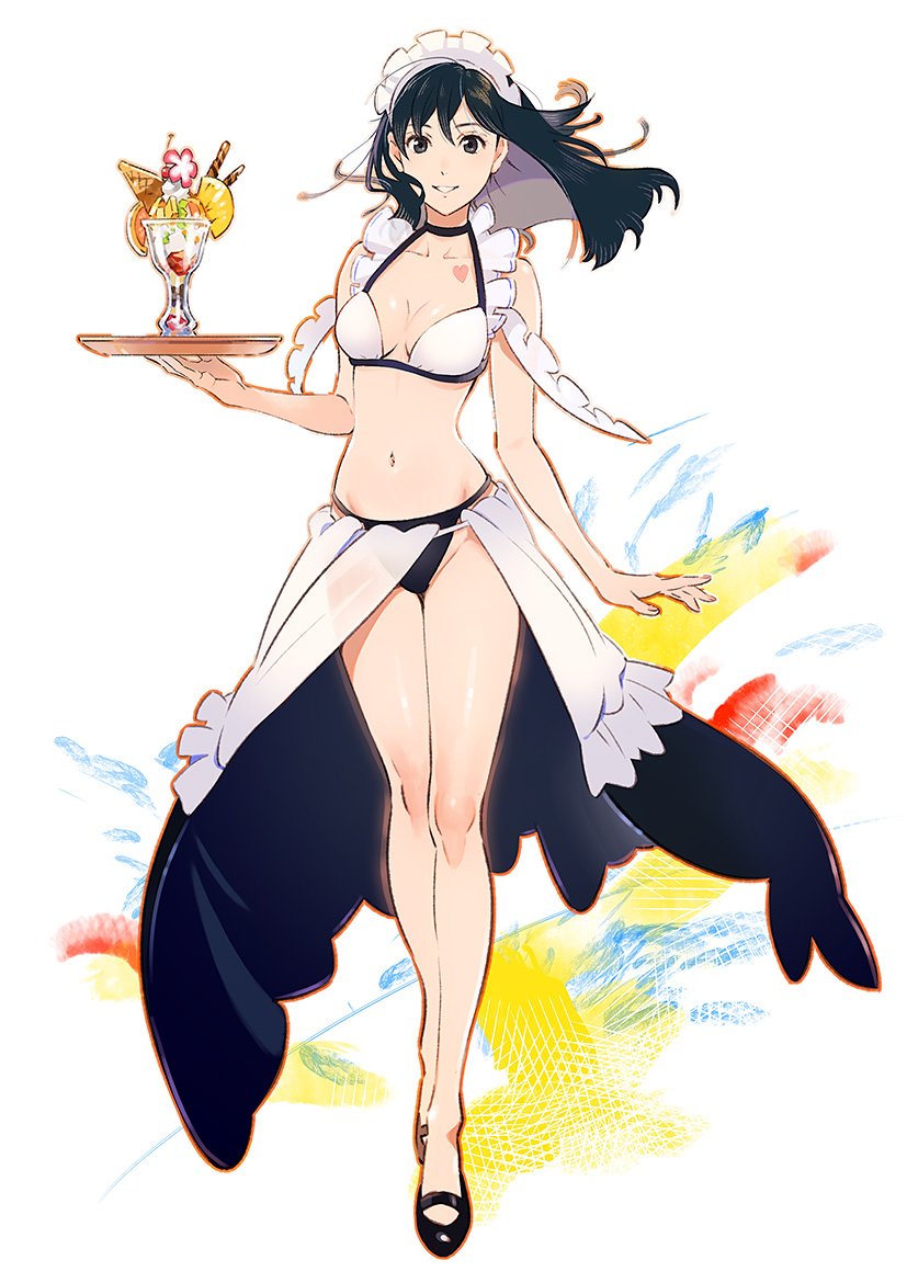 1girl :d arm_at_side bare_legs bare_shoulders bikini black_bikini_bottom black_choker black_eyes black_hair black_shoes blush breasts cleavage collarbone commentary_request copyright_request dress floating_hair frills full_body grin heart kaisen long_hair maid_bikini mary_janes medium_breasts multicolored multicolored_background navel no_socks open_mouth original parted_lips see-through shoes smile solo stomach sundress swimsuit tareme waist_cape waitress white_bikini_top