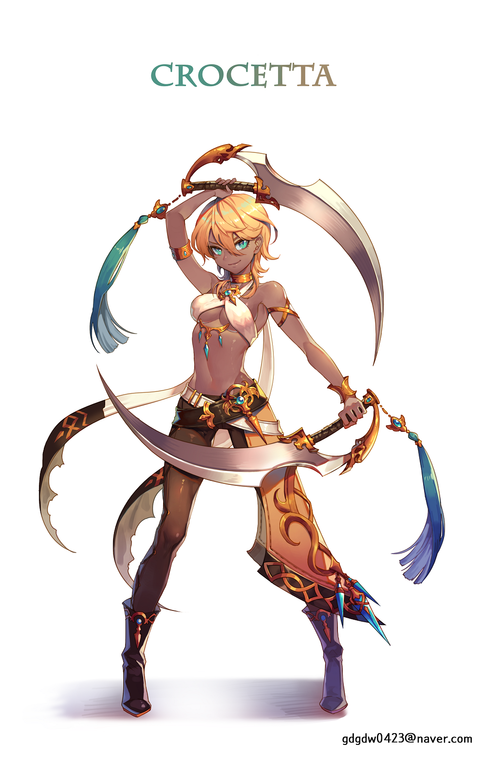 1girl ankle_boots arm_at_side arm_up armlet bandeau bare_shoulders belt blonde_hair boots breasts brown_boots brown_pants character_name collarbone crystal dark_skin dual_wielding email_address full_body green_eyes groin hair_between_eyes highres holding holding_weapon legs_apart medium_breasts midriff mulalang navel original pants short_hair simple_background smile solo standing stomach sword tassel under_boob weapon white_background