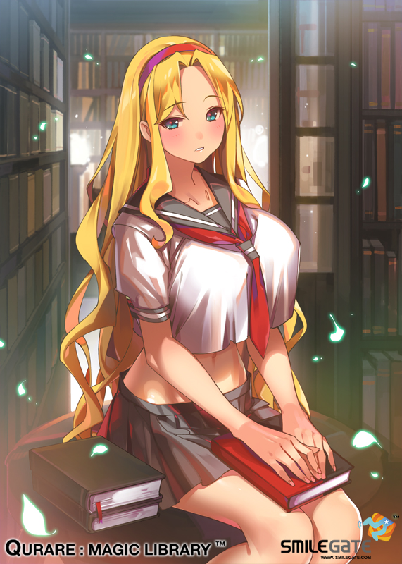 1girl aqua_eyes blonde_hair blush book breasts copyright_name crop_top crop_top_overhang hairband holding holding_book indoors large_breasts library long_hair looking_at_viewer midriff miniskirt official_art parted_lips pleated_skirt pop_kyun qurare_magic_library school_uniform serafuku short_sleeves sitting skirt solo