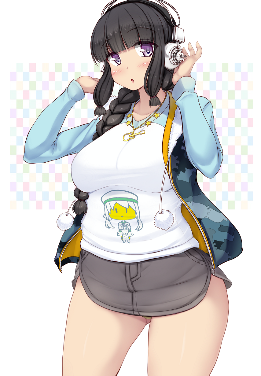 1girl bangs black_hair blunt_bangs blush braid breasts cosplay error_musume girl_holding_a_cat_(kantai_collection) headphones highres hime_cut hips kantai_collection kitakami_(kantai_collection) large_breasts long_hair looking_at_viewer nitroplus panties pantyshot pantyshot_(standing) plump pom_pom_(clothes) sidelocks single_braid solo standing super_sonico super_sonico_(cosplay) thighs underwear yuzumiya_mono