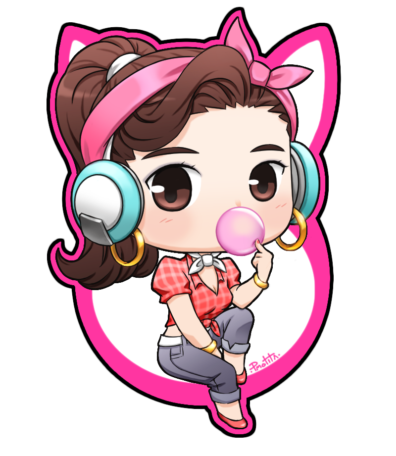 1girl artist_name bracelet breasts brown_eyes brown_hair chewing_gum cleavage cruiser_d.va d.va_(overwatch) denim front-tie_top gold hair_ribbon jeans jewelry looking_at_viewer midriff minigirl overwatch pants plaid plaid_shirt pmolita ponytail ribbon shirt shoes solo