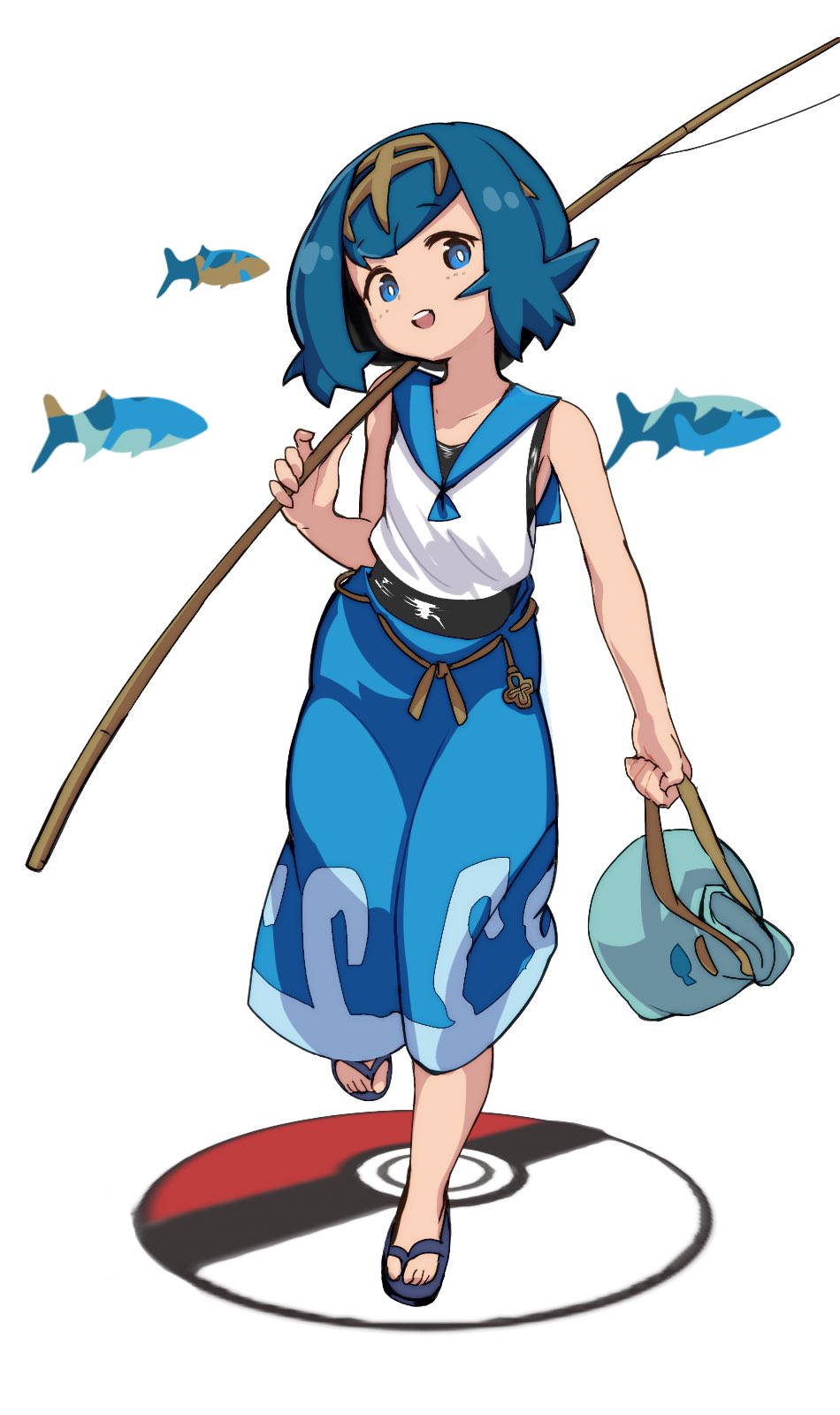 1girl ameyu_(rapon) baggy_pants blue_eyes blue_hair female fish fishing_rod full_body hairband highres looking_at_viewer open_mouth pants pokemon pokemon_(game) pokemon_sm shirt short_hair simple_background sleeveless sleeveless_shirt slippers smile solo suiren_(pokemon) swimsuit swimsuit_under_clothes trial_captain white_background