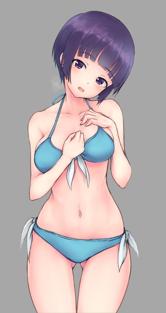 1girl aqua_bikini bangs bikini blue_bikini blunt_bangs bob_cut cowboy_shot eromanga_sensei gluteal_fold grey_background head_tilt navel ohnaka0515 purple_hair senju_muramasa short_hair simple_background solo standing swimsuit violet_eyes