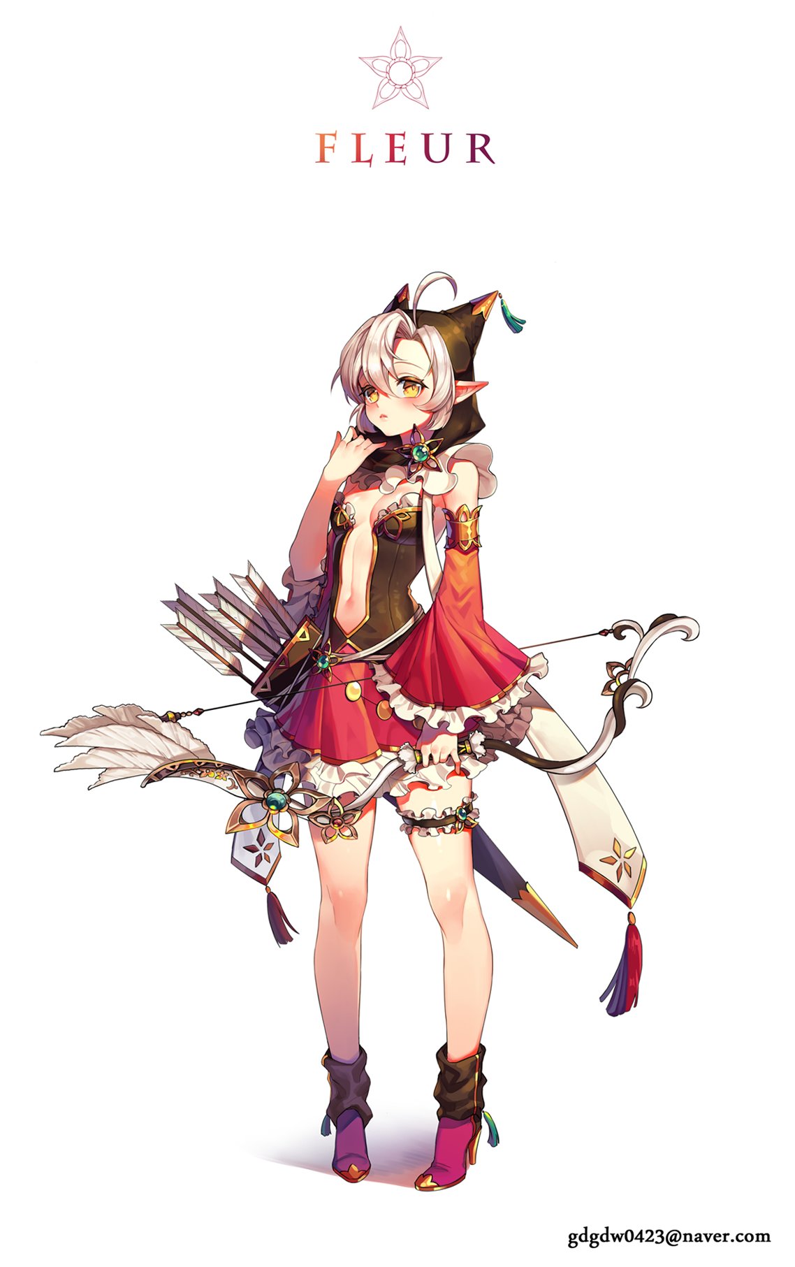 1girl animal_hood ankle_boots arrow bare_shoulders boots bow_(weapon) breasts character_name detached_sleeves dress email_address frilled_skirt frilled_sleeves frills full_body hair_between_eyes hand_up high_heel_boots high_heels highres holding holding_bow_(weapon) holding_weapon hood leg_garter legs_apart looking_at_viewer midriff mulalang navel original pointy_ears purple_boots quiver simple_background skirt solo standing strapless strapless_dress tassel weapon white_background wide_sleeves yellow_eyes