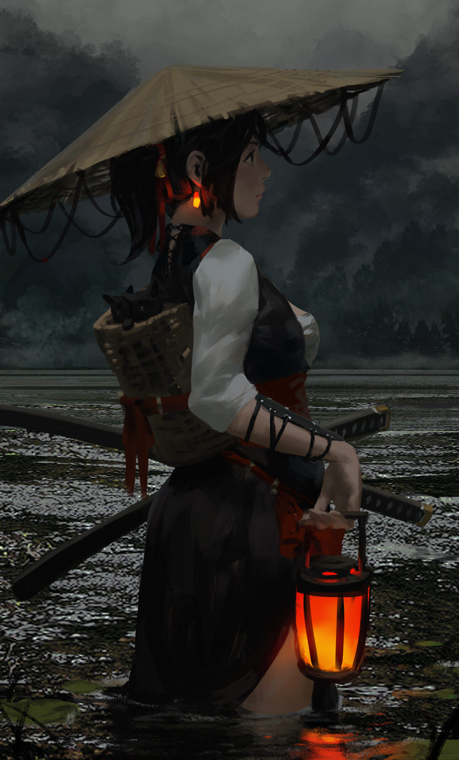 1girl basket black_hair cat earrings fog from_side glowing_earrings grey_sky guweiz hat highres jewelry katana lantern original partially_submerged ponytail rice_hat side_slit sword wading water weapon