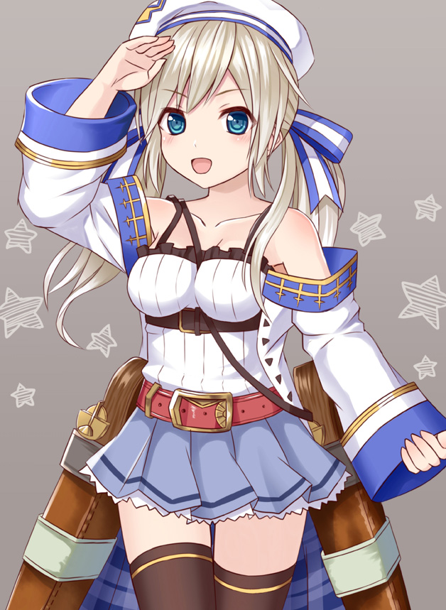 1girl bare_shoulders beret black_legwear blonde_hair blue_eyes granblue_fantasy hat ikeda_yuuki kukuru_(granblue_fantasy) long_hair long_sleeves looking_at_viewer open_mouth solo standing thigh-highs twintails
