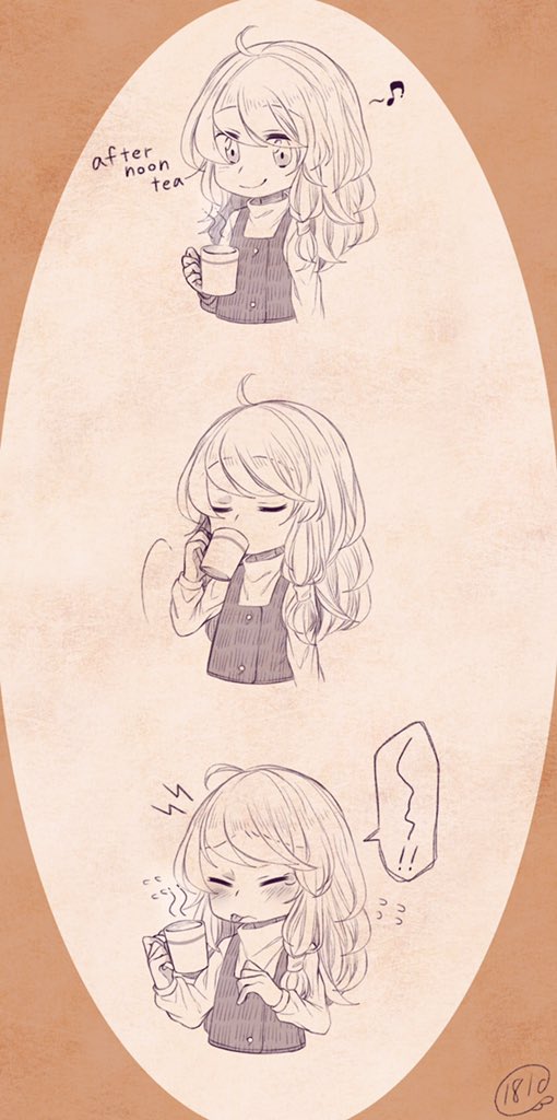 1girl 3koma blush closed_eyes comic cup drinking english hair_ribbon hot_drink iiha_toobu kirisame_marisa mug musical_note quaver ribbon short_hair silent_comic smile tea touhou tress_ribbon