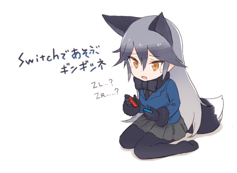 1girl animal_ears black_bow black_gloves black_legwear black_necktie black_scarf blazer blue_blazer bow character_name chibi d: dot_nose eyebrows_visible_through_hair fox_ears fox_tail full_body fur-trimmed_sleeves fur_trim gloves gradient_hair grey_hair hair_between_eyes handheld_game_console holding jacket kemono_friends light_brown_eyes long_hair long_sleeves looking_away multicolored_hair necktie nintendo_switch no_shoes open_mouth pantyhose playing_games sasakure_sasaru scarf shadow silver_fox_(kemono_friends) silver_hair sitting solo sweat tail tsurime wariza white_background