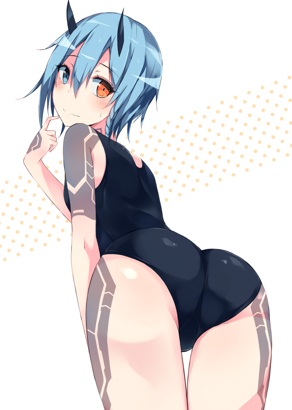 1girl ass bangs blue_eyes blue_hair blush braid closed_mouth cowboy_shot eyebrows_visible_through_hair from_behind hair_between_eyes hand_up heterochromia highres index_finger_raised io_(pso2) kurebayashi_noe looking_at_viewer looking_back one-piece_swimsuit orange_eyes phantasy_star phantasy_star_online_2 polka_dot polka_dot_background school_swimsuit short_hair side_braid solo sweatdrop swimsuit thighs white_background