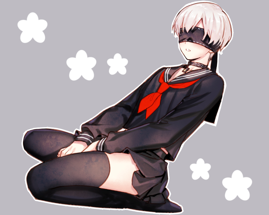 1boy black_skirt blindfold blush crossdressinging male_focus neckerchief nier_(series) nier_automata ninto pleated_skirt school_uniform serafuku short_hair skirt solo thigh-highs yorha_no._9_type_s