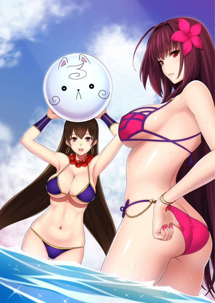 adjusting_clothes adjusting_swimsuit arms_up ass ball beachball bikini blue_sky breasts brown_hair cleavage day dutch_angle earrings fate/grand_order fate_(series) flower from_behind hair_flower hair_ornament hoop_earrings jewelry large_breasts lintanghaseo long_hair looking_at_viewer looking_back nail_polish navel necklace outdoors purple_hair red_eyes scathach_(fate/grand_order) scathach_(swimsuit_assassin)_(fate) sideboob sky string_bikini swimsuit wading wet xuanzang_(fate/grand_order)