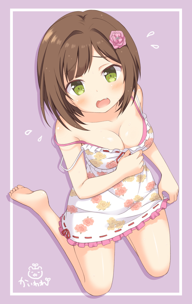 1girl bangs bare_legs barefoot blunt_bangs blush breasts brown_hair cleavage commentary_request dress embarrassed eyebrows_visible_through_hair fang floral_print flower flying_sweatdrops frilled_dress frills green_eyes hair_flower hair_ornament idolmaster idolmaster_cinderella_girls kaiware-san kneeling looking_at_viewer looking_up maekawa_miku medium_breasts open_mouth pink_background raised_eyebrows red_ribbon ribbon ribbon-trimmed_dress rose_print short_hair signature simple_background sleeveless sleeveless_dress solo strap_slip sundress tareme