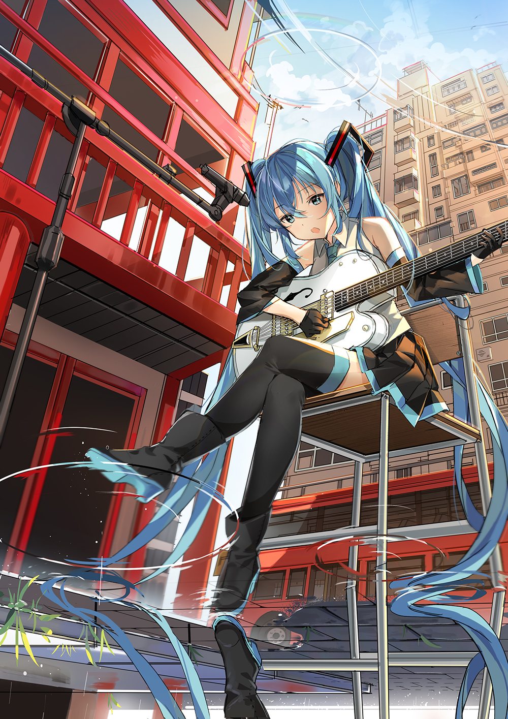 1girl bangs black_gloves black_legwear blue_eyes blue_hair boots building chair detached_sleeves dr_poapo gloves guitar hair_between_eyes hatsune_miku highres instrument legs_crossed long_hair miniskirt music necktie open_mouth pagoda playing_instrument pleated_skirt puddle reflection ripples sitting skirt solo thigh-highs twintails very_long_hair vocaloid