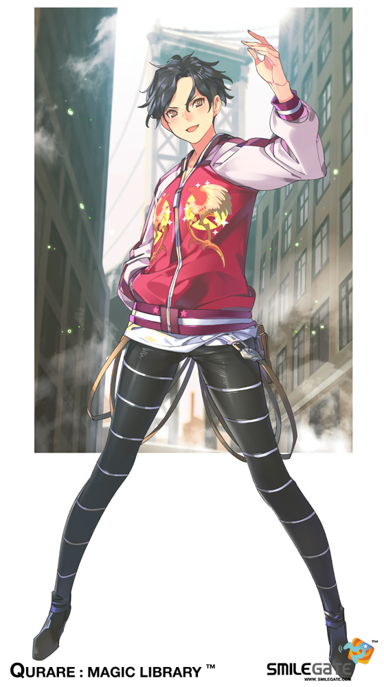 1girl arm_up black_hair brown_eyes full_body hand_in_pocket jacket legs_apart looking_at_viewer official_art open_mouth pants pop_kyun qurare_magic_library short_hair smile solo standing sukajan suspenders tight tight_pants very_short_hair