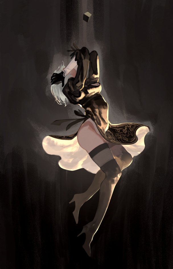 amei_zhao black_dress boots box breasts cleavage_cutout dress feather-trimmed_sleeves hands_on_own_head high_heel_boots high_heels juliet_sleeves long_sleeves nier_(series) nier_automata puffy_sleeves thigh-highs thigh_boots thighhighs_under_boots thighs white_hair yorha_no._2_type_b