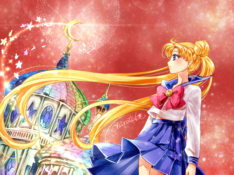 1girl bishoujo_senshi_sailor_moon blonde_hair blue_sailor_collar blue_skirt bow brooch castle cowboy_shot crescent derivative_work double_bun jewelry juuban_middle_school_uniform long_hair looking_away pleated_skirt red_background red_bow screencap_redraw shirataki_kaiseki shirt signature skirt solo tsukino_usagi twintails white_shirt