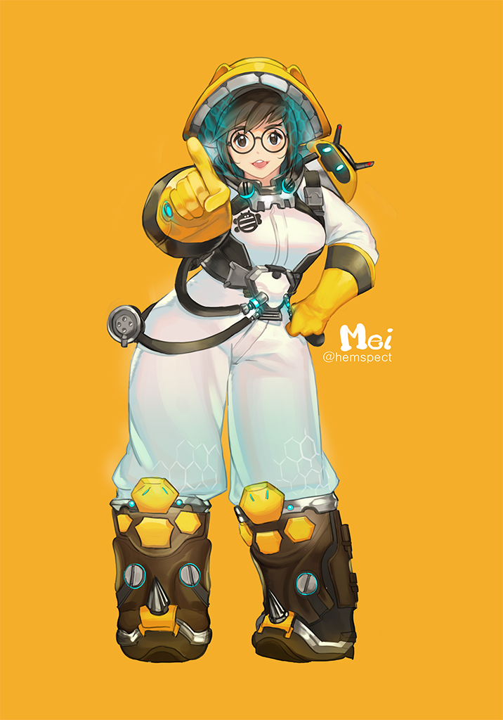 1girl :d alternate_costume artist_name bangs beekeeper_mei black-framed_eyewear boots breasts brown_boots brown_eyes brown_hair canister character_name commentary_request contrapposto drone elbow_gloves full_body glasses gloves hand_on_hip hand_up helmet hose index_finger_raised knee_boots legs_apart looking_at_viewer mei_(overwatch) open_mouth overwatch pointing pointing_at_viewer robot round_glasses round_teeth shoes smile snowball_(overwatch) solo spiked_shoes spikes standing swept_bangs teeth twitter_username upper_teeth what_(hemspect) yellow_background yellow_gloves