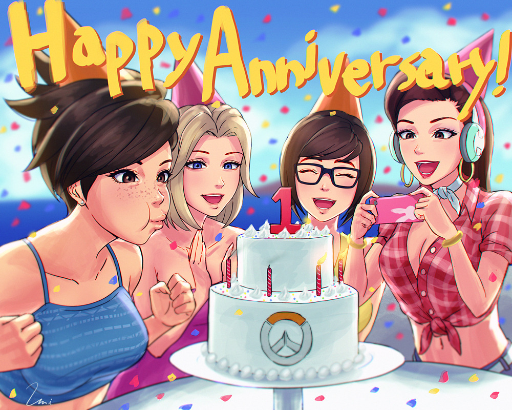 4girls :d ^_^ anniversary blonde_hair blowing blue_eyes breasts brown_eyes brown_hair cake candle casual cleavage closed_eyes collarbone cruiser_d.va d.va_(overwatch) english food freckles front-tie_top glasses hat headphones lipstick long_hair makeup medium_breasts mei_(overwatch) mercy_(overwatch) multiple_girls open_mouth outdoors overwatch party_hat ponytail short_hair smile tracer_(overwatch) umigraphics