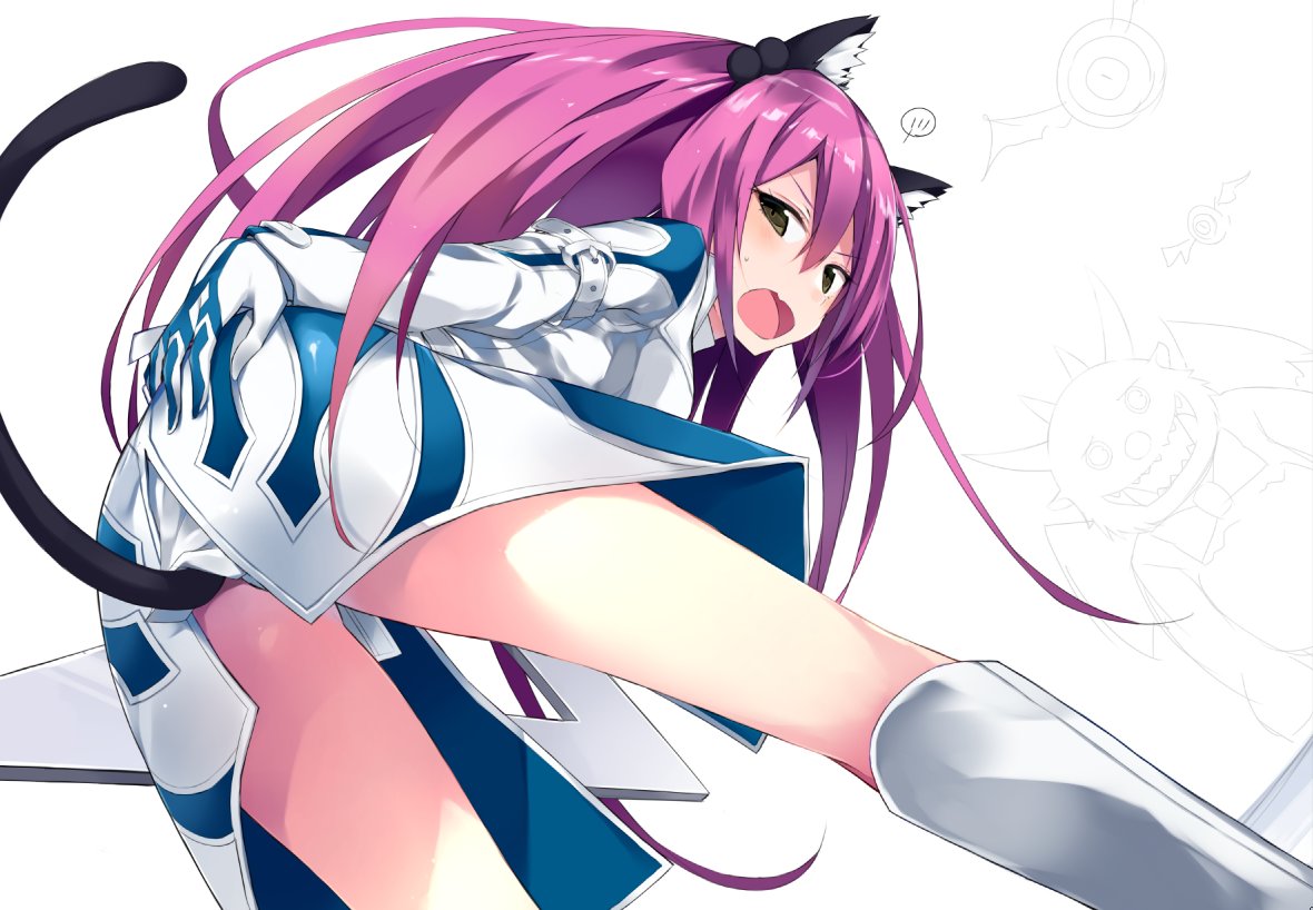 1girl animal_ears black_eyes blush cat_ears cat_tail eyebrows_visible_through_hair kurebayashi_noe looking_at_viewer open_mouth phantasy_star phantasy_star_online_2 pink_hair solo speech_bubble tail