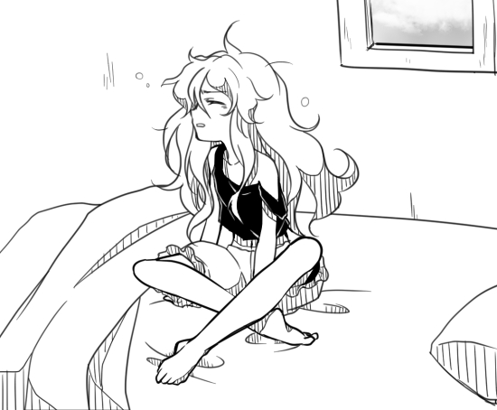 1girl arm_support barefoot bed blanket bloomers camisole closed_eyes dairi indian_style kirisame_marisa long_hair messy_hair monochrome off_shoulder parted_lips pillow sitting sleepy slovenly solo touhou underwear waking_up wavy_hair window
