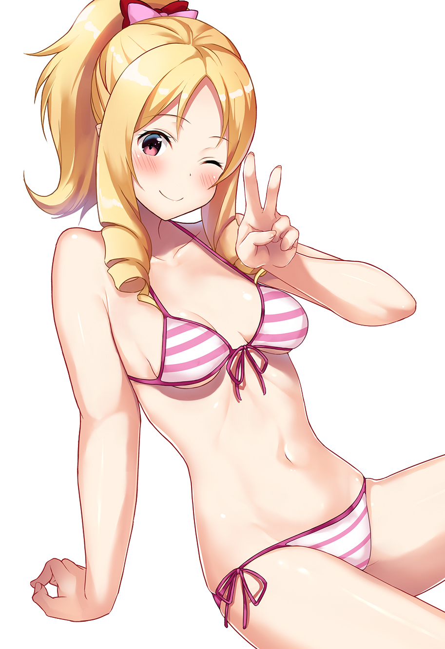 1girl ;) arm_support bangs bare_arms bare_shoulders bikini blonde_hair blush bow breasts closed_mouth cocona_(coconacafe) collarbone commentary_request drill_hair eromanga_sensei front-tie_bikini front-tie_top hair_bow highres invisible_chair leaning_back long_hair looking_at_viewer navel one_eye_closed parted_bangs pink_bow ponytail red_eyes red_ribbon ribbon shiny shiny_hair side-tie_bikini sidelocks sitting small_breasts smile solo stomach striped striped_bikini swimsuit thighs twin_drills v yamada_elf