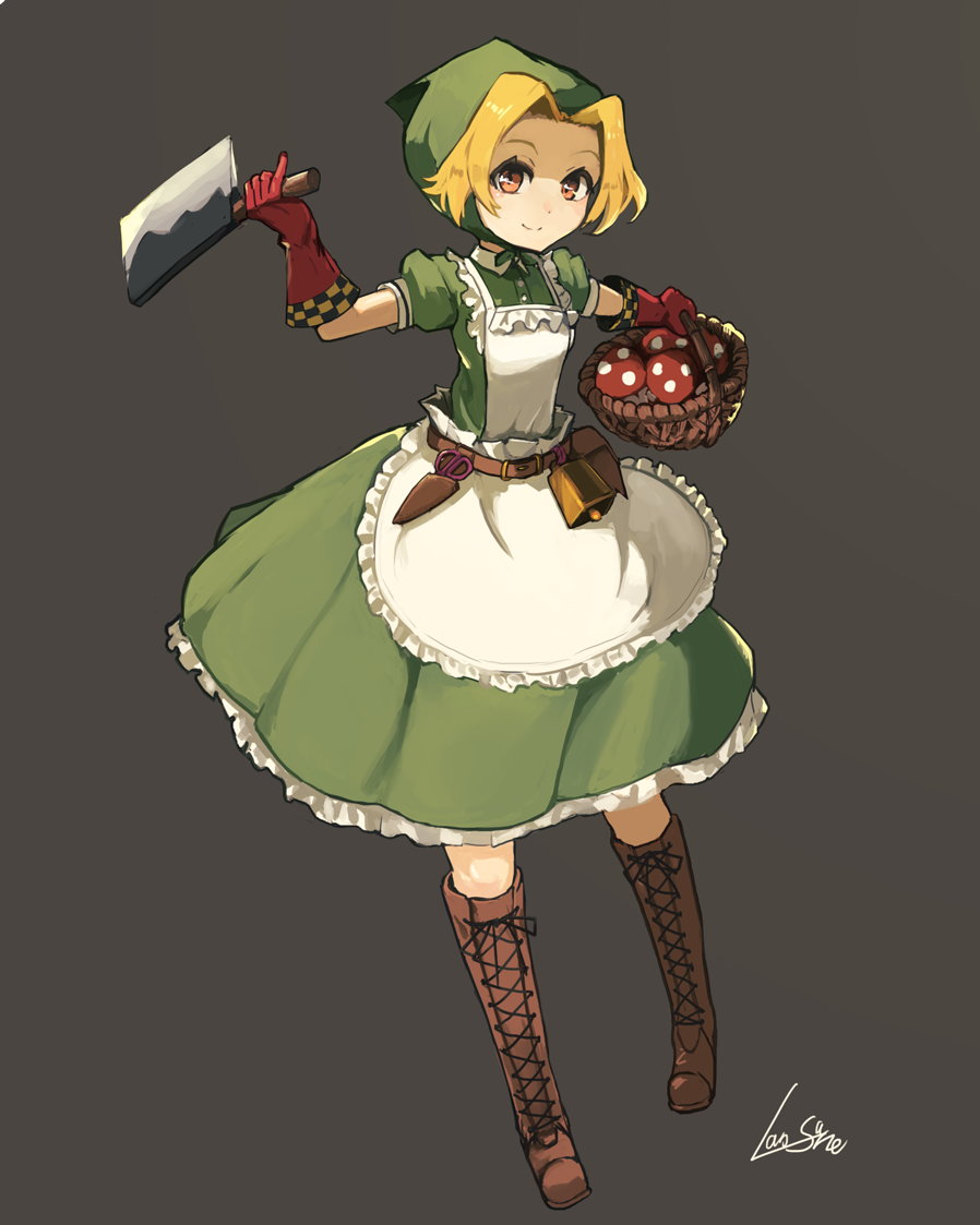1girl apron artist_name basket bell belt belt_pouch blonde_hair boots brown_hair cleaver cow_bell cross-laced_footwear farmer_(sekaiju) frilled_apron frills full_body gloves grey_background hood knee_boots lansane looking_at_viewer mushroom pinky_out puffy_short_sleeves puffy_sleeves red_gloves scissors sekaiju_no_meikyuu sekaiju_no_meikyuu_3 short_hair short_sleeves signature simple_background smile solo waist_apron