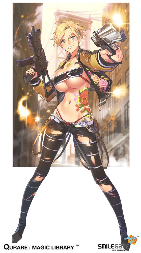 &gt;:) 1girl bandaid bandaid_on_face bandeau blonde_hair blush breasts brown_panties cropped_jacket firing green_eyes grin gun handgun hips holding holding_gun holding_weapon jacket large_breasts legs_apart long_sleeves looking_at_viewer navel official_art open_clothes open_jacket panties pants parted_lips pop_kyun qurare_magic_library revolver short_hair smile solo standing submachine_gun sukajan suspenders tattoo tight tight_pants torn_clothes torn_pants underwear very_short_hair weapon