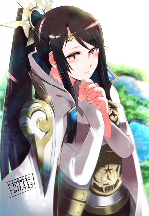 1girl armor artist_name black_hair blurry blush circlet cloak dated depth_of_field fingerless_gloves fire_emblem fire_emblem_if gloves hair_ornament hands_clasped interlocked_fingers kinokisaki long_hair looking_at_viewer mikoto_(fire_emblem_if) orange_eyes ponytail sidelocks smile solo upper_body white_gloves