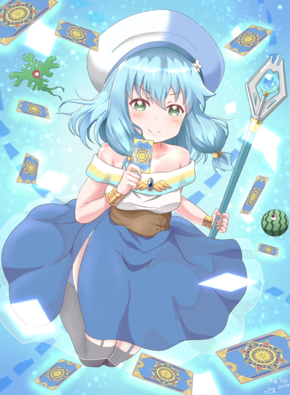 1girl beret blue_hair bracer card commentary_request creature endro! eyeball eyebrows_visible_through_hair food fruit garter_straps green_eyes hat highres holding holding_staff kneehighs meiza_endust off_shoulder samenoido seaweed side_slit staff watermelon