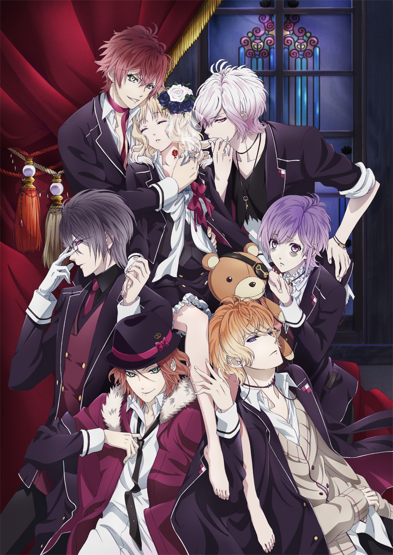 1girl 6boys blonde_hair blue_eyes diabolik_lovers glasses gothic holding_hands komori_yui necktie necktie_removed removing_neckwear sakamaki_ayato sakamaki_kanato sakamaki_laito sakamaki_reiji sakamaki_shuu sakamaki_subaru satoi suit vampire