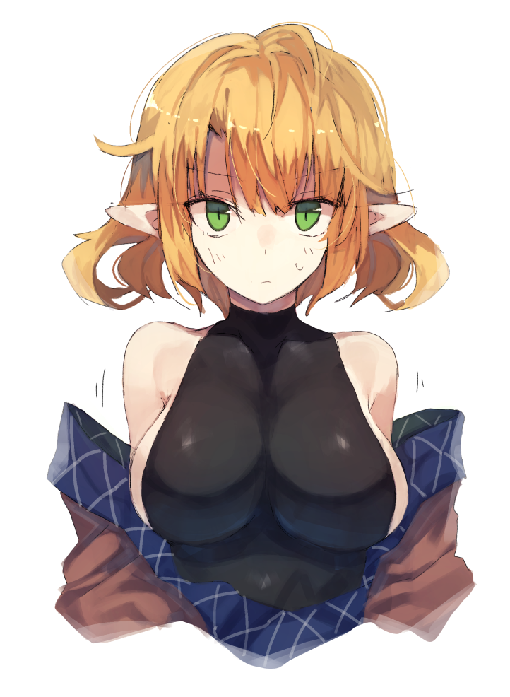 1girl bangs bare_shoulders bei_mochi blonde_hair breasts green_eyes jacket jacket_removed large_breasts looking_at_viewer mizuhashi_parsee pointy_ears short_hair sleeveless sleeveless_turtleneck solo sweatdrop touhou turtleneck white_background