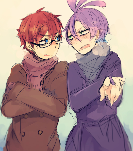 2boys ahoge blue_eyes coat glasses green_eyes horns jeff_fungus lizard_tail male_focus monsters_inc. multiple_boys personification randall_boggs redhead scarf sharp_teeth short_hair slit_pupils teeth winter winter_clothes winter_coat