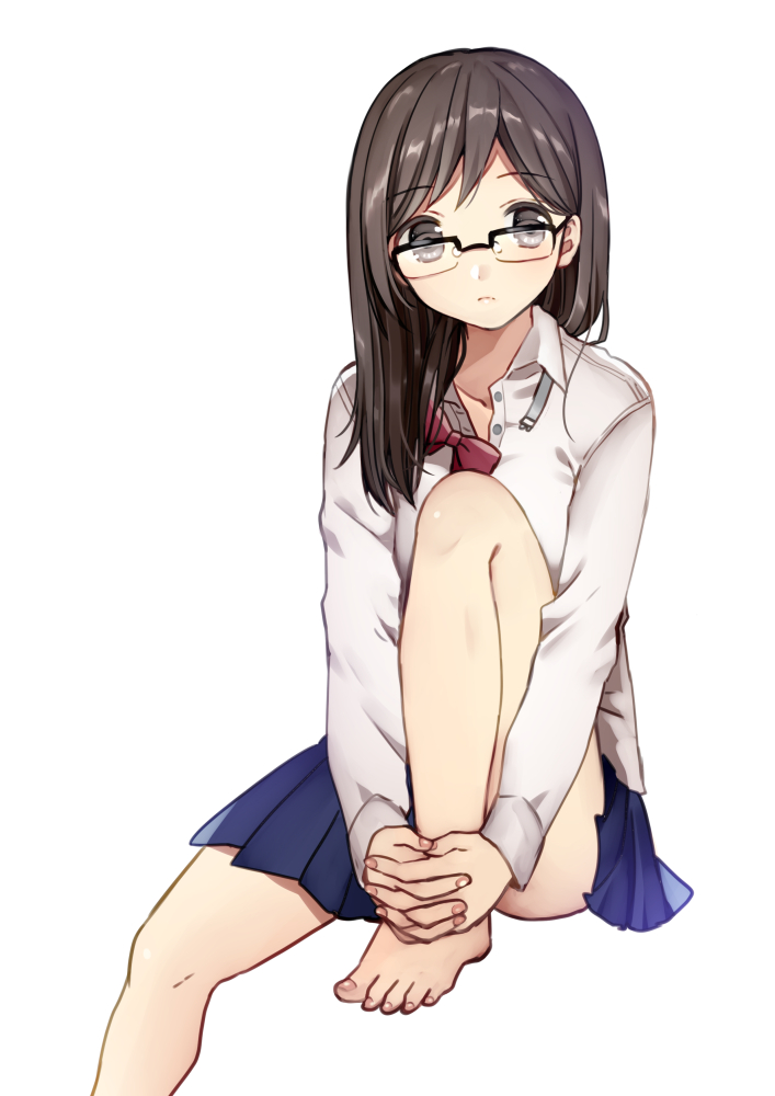 1girl barefoot black_eyes black_hair blue_skirt commentary_request feet glasses kurata_rine long_hair long_sleeves looking_at_viewer original revision school_uniform simple_background sitting skirt soles solo toes white_background