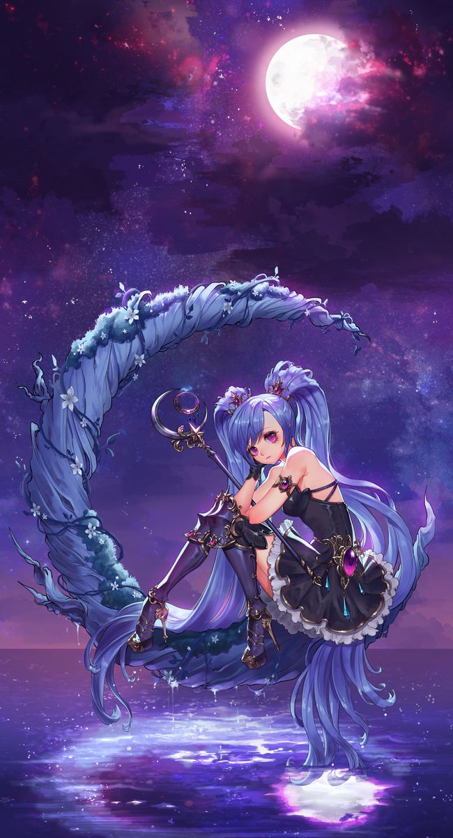 1girl armor armored_boots bangs bare_shoulders black_boots black_dress black_gloves blue_hair boots breasts clouds cloudy_sky crescent_moon dress eyelashes from_side full_moon gem gloves hair_ornament hand_on_own_cheek hand_on_own_face head_rest high_heel_boots high_heels highres holding holding_wand knee_boots long_hair looking_at_viewer medium_breasts moon mulalang night night_sky ocean original outdoors red_eyes reflection sitting sky solo star_(sky) starry_sky strapless strapless_dress twintails very_long_hair violet_eyes wand water