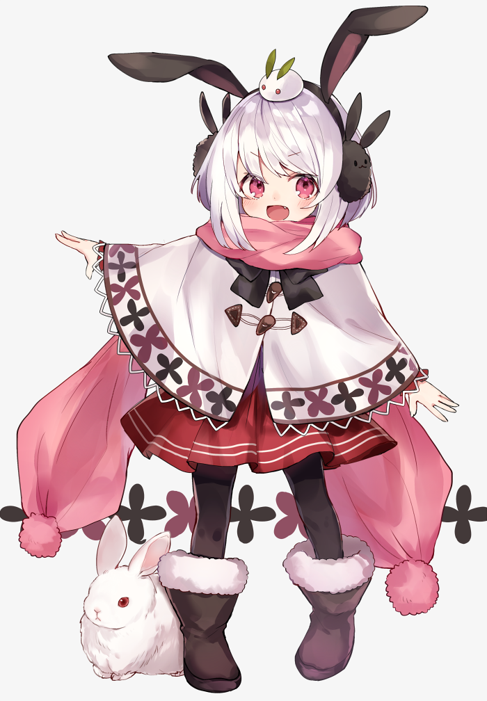 &gt;:d 1girl :d animal animal_ears animal_on_head bangs black_legwear boots bunny_on_head capelet earmuffs eyebrows_visible_through_hair fang full_body fur-trimmed_boots fur_trim grey_background haruka_(reborn) looking_at_viewer on_head open_mouth original pantyhose pink_eyes rabbit rabbit_ears red_skirt sidelocks silver_hair simple_background skirt smile snow_bunny solo standing