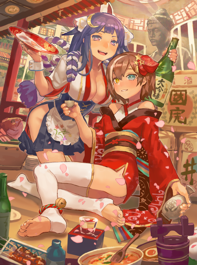 2girls alcohol anklet apron ass bangs bare_shoulders barefoot bell blue_eyes blunt_bangs blush bottle breasts brown_hair cherry_blossoms cleavage commentary corset crescent crescent_moon_pin cup fish food frilled_apron frills hair_flaps hair_ornament heterochromia holding holding_bottle holding_cup japanese_clothes jewelry kimono large_breasts looking_at_viewer multiple_girls obi open_mouth original p_shiki purple_hair sakazuki sake sash short_hair side_cut side_cutout smile toeless_legwear toes violet_eyes waist_apron white_legwear white_pupils wide_sleeves wrist_cuffs yellow_eyes