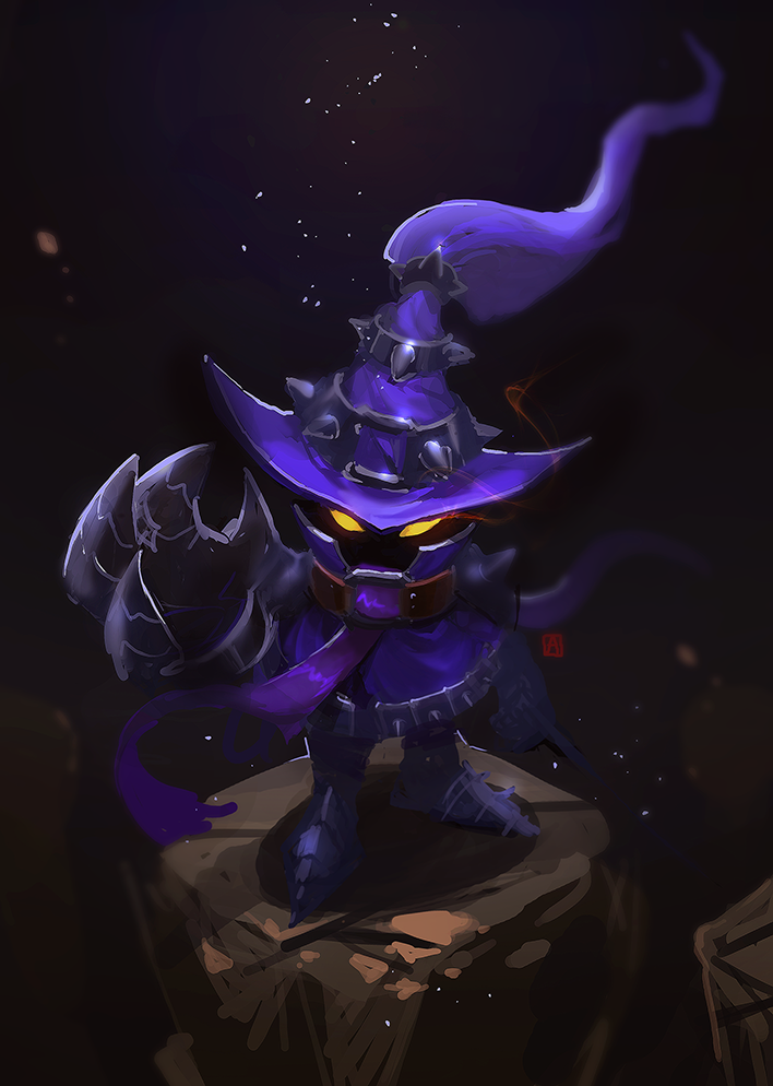 1boy boots full_body gloves glowing glowing_eyes hat league_of_legends mage no_humans solo spikes veigar wizard_hat yellow_eyes yordle