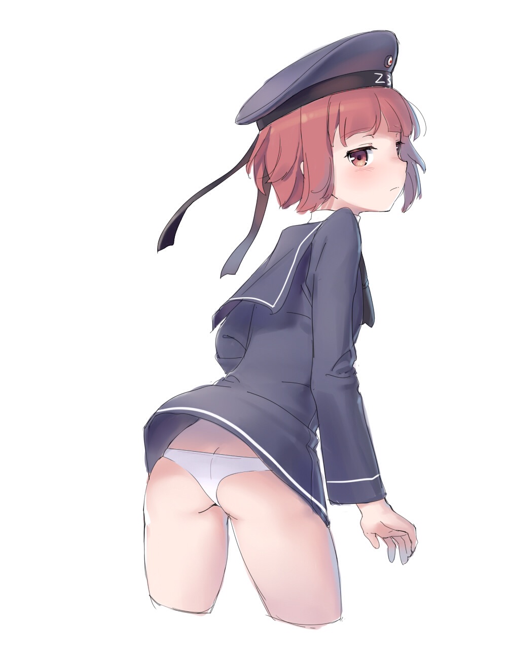 10s 1girl ass auburn_hair black_dress black_hat brown_eyes clothes_writing cnm dress eyebrows_visible_through_hair flat_ass hat highres kantai_collection long_sleeves panties sailor_dress sailor_hat short_hair simple_background sketch solo underwear white_background white_panties z3_max_schultz_(kantai_collection)