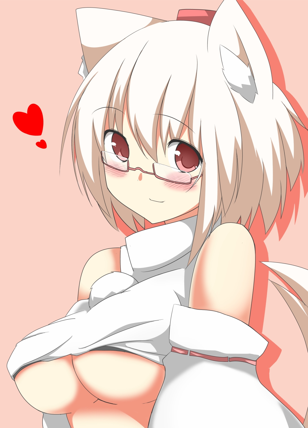 1girl animal_ears bare_shoulders bespectacled blush breasts detached_sleeves female glasses hat heart highres inubashiri_momiji large_breasts looking_at_viewer midriff mii_(makosuke) no_bra pink_background pink_eyes shirt shirt_lift short_hair silver_hair simple_background smile solo tail tokin_hat touhou under_boob upper_body wolf_ears wolf_tail