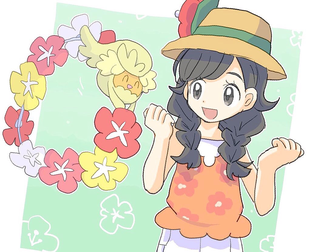 1girl black_hair braid comfey female_protagonist_(pokemon_ultra_sm) flipped_hair hat long_hair pokemon pokemon_(creature) pokemon_ultra_sm shorts smile sun_hat tank_top twin_braids white_shorts